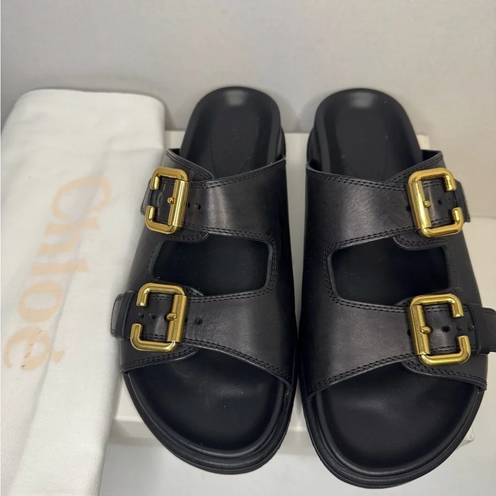 Chloe Nil Double-Strap Cowhide Mules In Black Color Size 38. - Picture 3 of 13